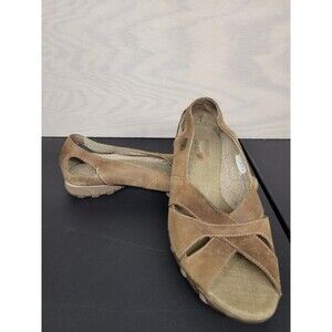 SKECHERS Original Bikers Womens SZ 10 Leather Peep Toe Flats Shoes Brown Slip On